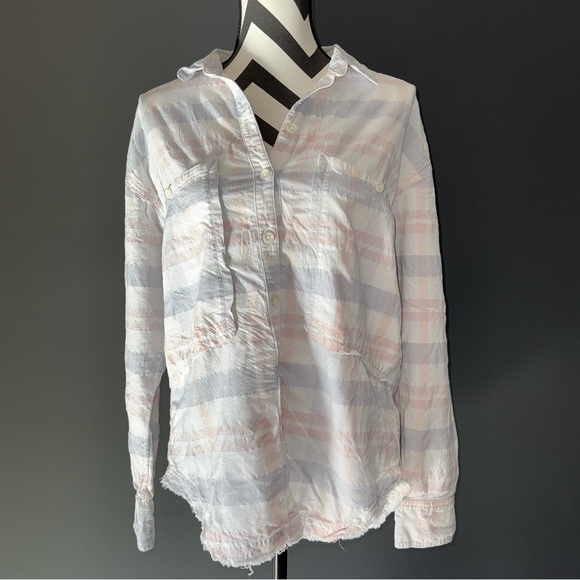 FREE PEOPLE Frayed Plaid Button Up Long Sleeve White Pink Small - Picture 2 of 5